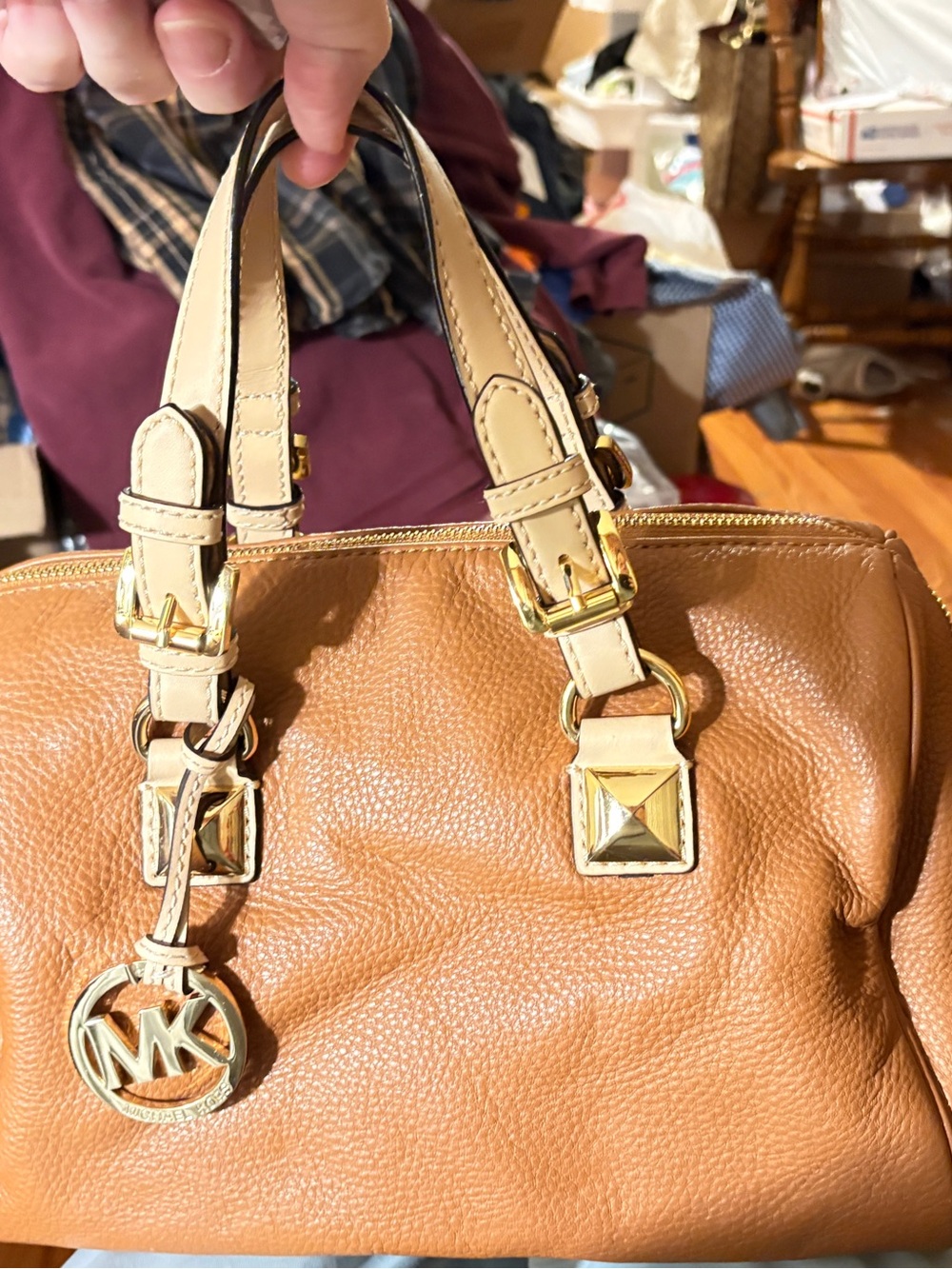 Michael Kors Cognac Leather Satchel with Cream Handles and Gold Hardware
